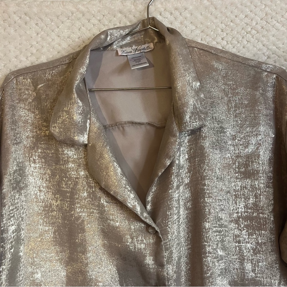 Linea Donatella Shimmering Gold Button Down Shirt Collared Large Shiny - Picture 3 of 4